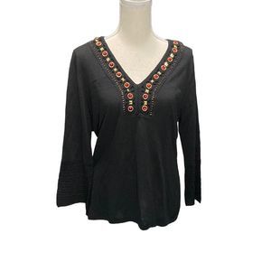 Cable & Gauge Black Long Sleeve Lightweight Beaded V Neck Sweater Size M